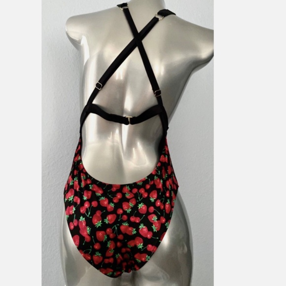 Victorias Secret Black Strawberry Shine Bling Plunge One Piece Swimsuit Swim XS - Picture 3 of 3
